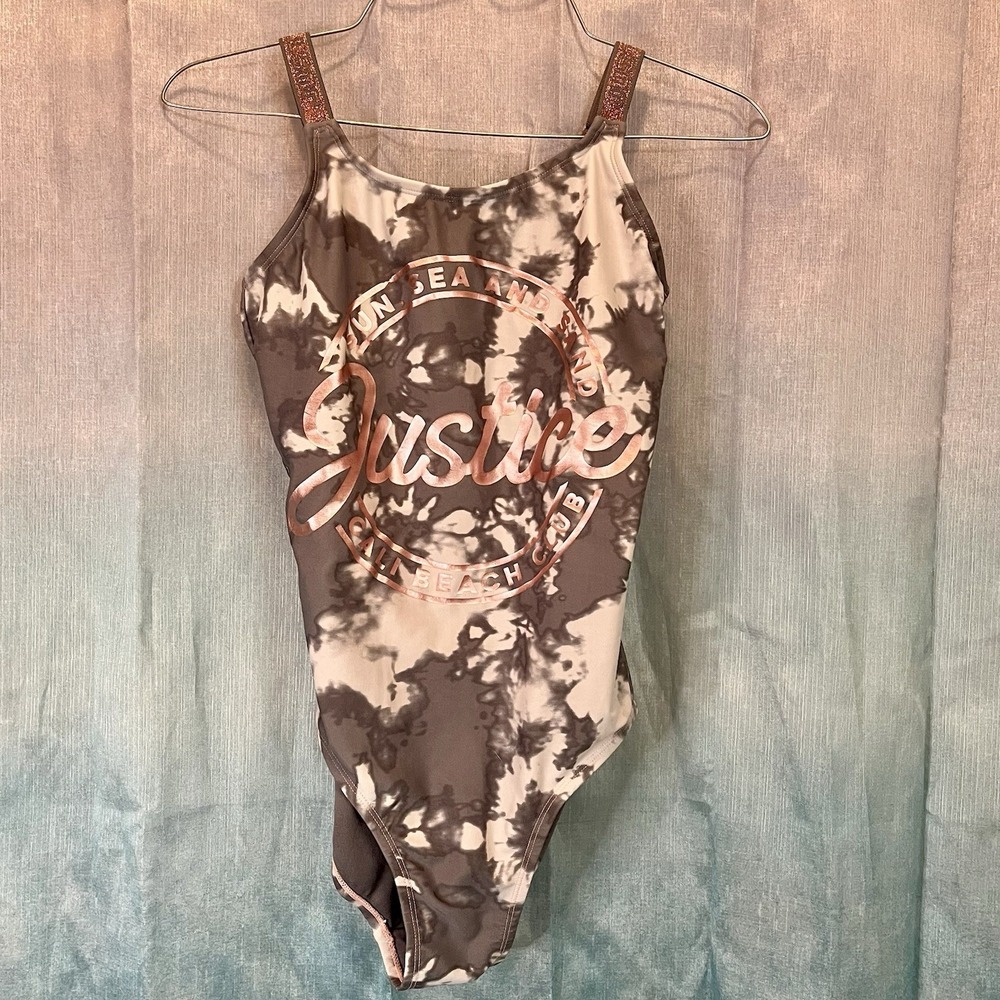 Justice Gray/White/Pink Glittery Sun•Sea•Sand One Piece Body/Bathing Suit  Sz 14